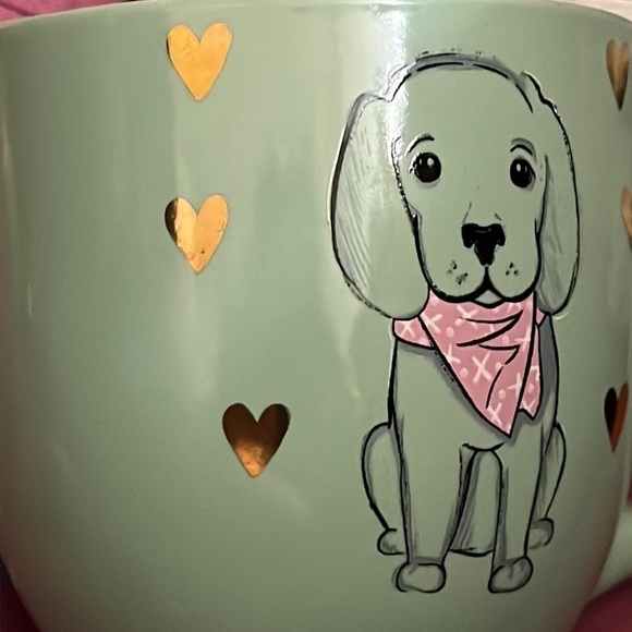 DOG mug mint green a golden/lab puppy in pink bandana 6 gold hearts around it. - Picture 6 of 6